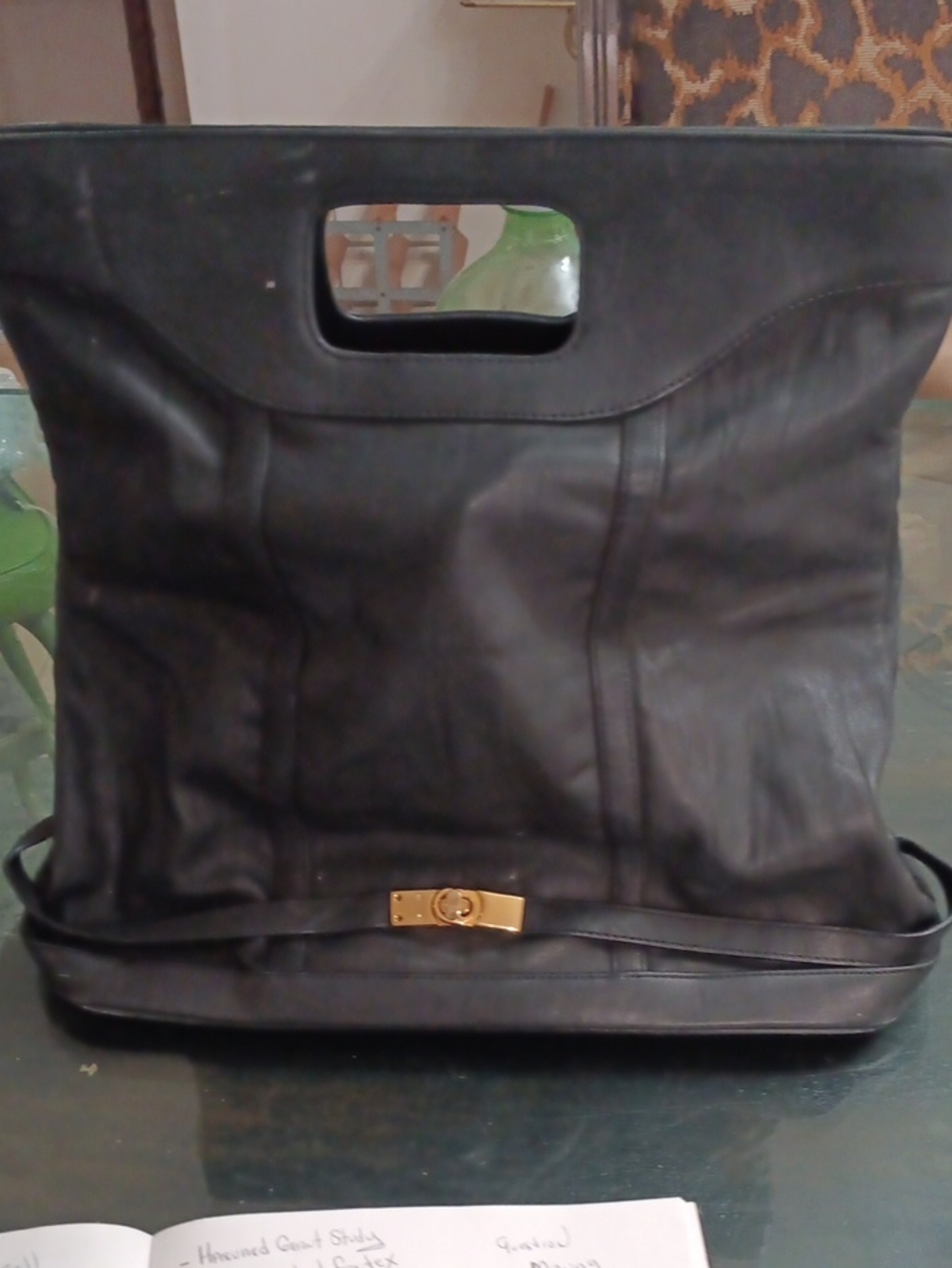 BCBGMaxAzria Black Leather Messenger Bag with Gold Accent